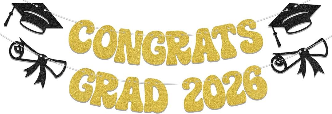 Congrats Grad 2026 Banner - Graduation Party Decorations - Class of 2026 Gold Glitter