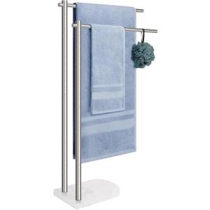 Livabber Standing Towel Rack, 304 Stainless Steel 2-Tier Towel Holder Stand with Marble Base, Modern Stylish Tall Shower Towel Bar for Bathroom Accessories, PoolBrushed Nickel