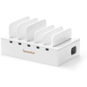 SpaceAid Bamboo Charging Station for Multiple Devices, Cell Phone Docking Stations for Multi Laptop, Tablets and iPads, Nightstand Bedside Desk Device Charger Organizer (White) (Medium)