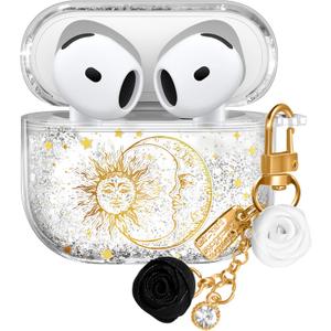 For Apple for Airpods 4 Case 2024 - Quicksand Liquid Elegant Cute Aesthetic Funda Mujer Girl Women Sparkling Sparkle Glitter Bling Sparkly Sun Moon Keychain Girly for Airpod 4 Case Cover