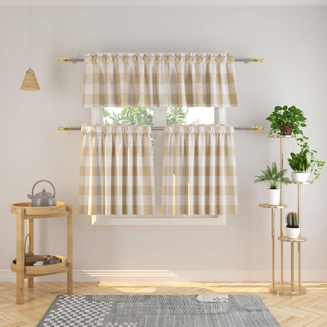 3 Pc Cotton Classic Country Farmhouse Kitchen Window Curtain -Beige & White Buffalo Check Tier & Valance Set, 54" x 18" / 27" x 36"
