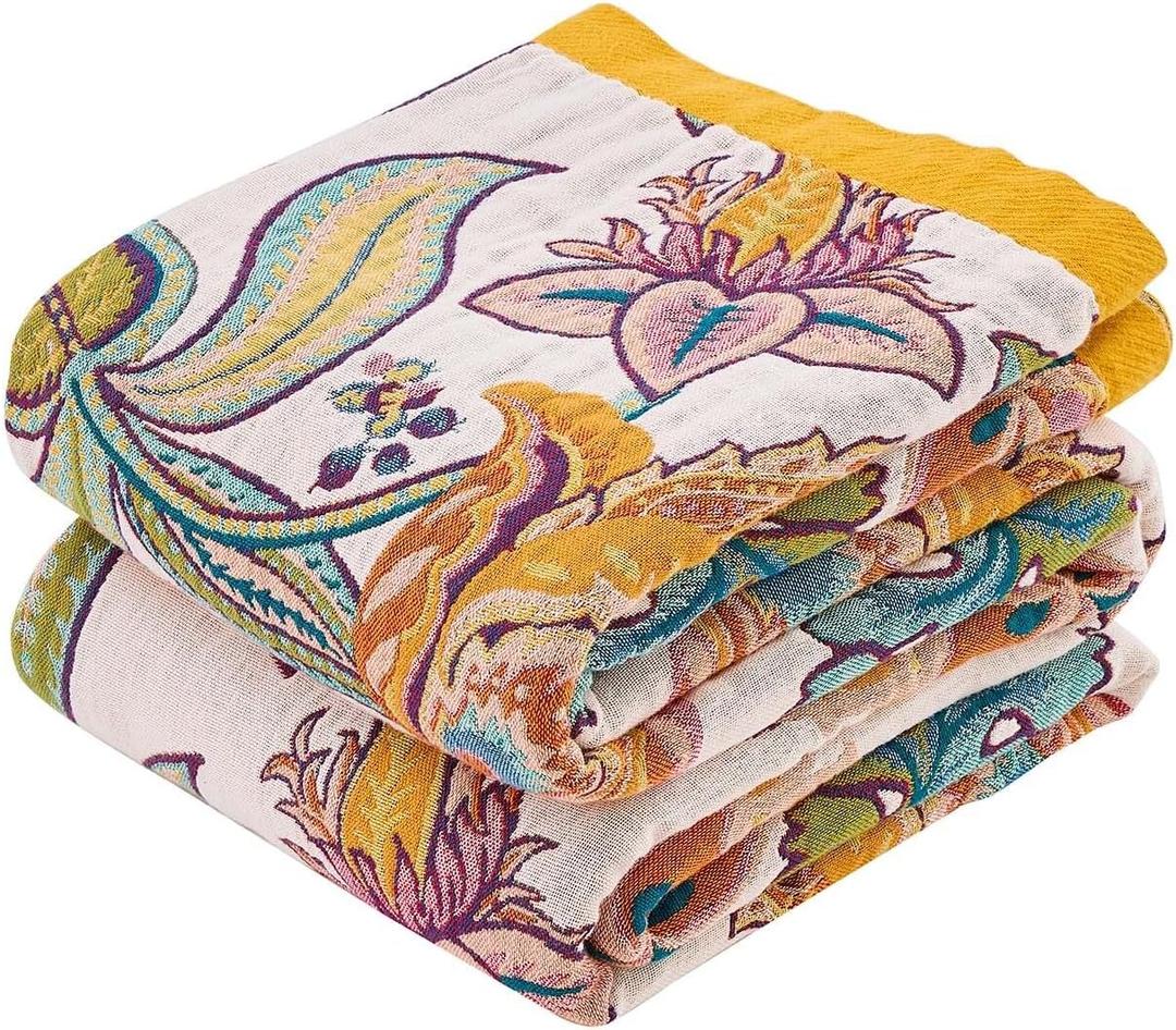 XIBLC Boho Throw Blanket for Bed, 100% Cotton Soft Rustic Quilt Fall Blanket, 50"x60" Floral Printed Farmhouse Decor Bed Blankets, All Season Rustic Reversible Bohemian Throw Quilt