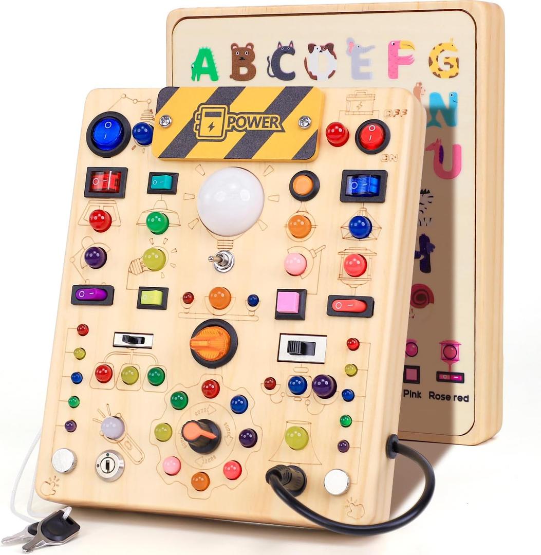 Busy Board with 19 LED Light Switches, Montessori Toys for 1 2 3 Years Old, Wooden Sensory Board, Toddlers Activity Travel Toys for 1 2 3 Year Old Boy & Girl Birthday Gift 