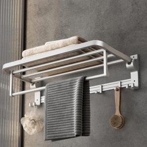 VOLPONE 24 Inch Towel Rack with Towel Bar Holder Foldable Towel Shelf with Movable Hooks Rustproof Towel Storage Wall Mount for Bathroom Lavatory Silver