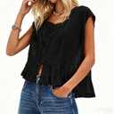 Women Y2k Semi Sheer Blouse Shirt Lace Trim Button Down Short Sleeve Round Neck Casual Going Out Tops Streetwear (Black, L)