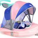 Mambobaby Float with Canopy and Tail New Upgraded Non-Inflatable Baby Pool Float Mambo Float Swim Trainer Solid Infant Swim Float Adjustable Pearl Foam Baby Swim Ring (Manta Ray Fish Pink)