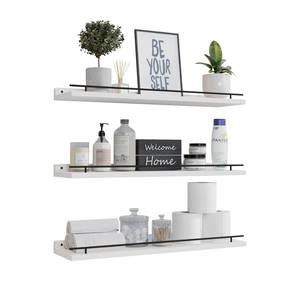 WOPITUES Floating Shelves with Black Metal Guardrail, Shelves for Wall Decor Set of 3, Wall Shelves for Bedroom, Bathroom, Kitchen, Living Room, Plants, Picture Frames, Art Black and White