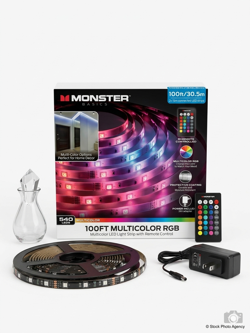Monster Basics 100ft Multicolor RGB LED Light Strip w Remote 540 LEDs