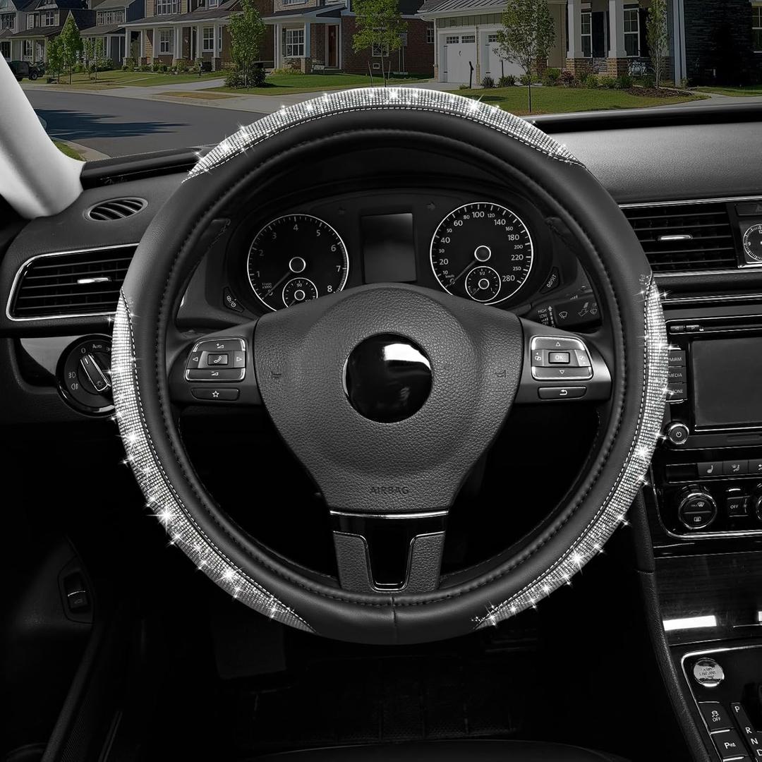 Road Comforts Pixel Glitter Steering Wheel Cover, 14.515 Inch Leather Steering Wheels Snug Fit, Anti-Slip Leather Grip, Elegant Sparkle Design, Universal Fit - Black