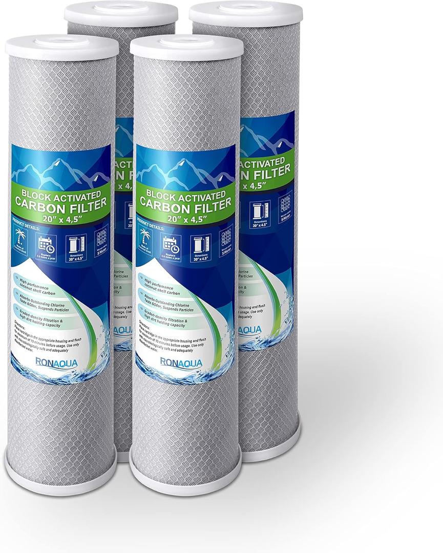 High Capacity Coconut Shell Carbon Block Water Filter 5 Micron Cartridge 4.5" x 20" for Universal Whole House System WELL-MATCHED with CB-45-2005, FC25B, FLTWH2045C02 and PRL-RCL (4 Pack)