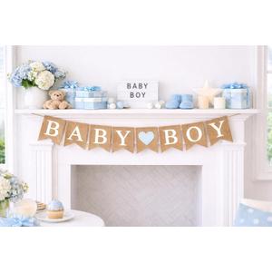 Baby Boy Burlap Banner  5" x 7" Pre-Assembled Jute Flags for Baby Shower & Gender Reveal with a Light Blue Heart