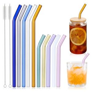 10 Pcs Reusable Colorful Bent Glass Straws,Size 9''x10mm and 6''x10mm Cute Short Glass Straws Shatter Resistant with 2 Cleaner Brush for Beverages,Coffee,Juice,Cocktail,Teas