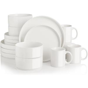 Sweejar Porcelain Dinnerware Sets for 4, 16 Pieces Ceramic Plates and Bowls Set, Classic Modern Simple Kitchen Dinner Dining Ware Set, Dishwasher and Microwave Safe Dishes Sets with Cups(Pure White), Service for 4