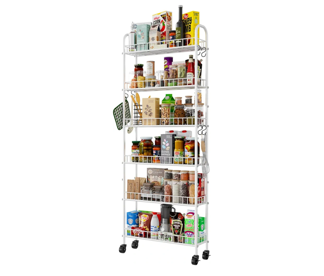 6 Tier Slim Rolling Storage Cart with Wheels, Metal Mobile Shelving Unit Organizer Utility Cart for Office Bathroom Kitchen Laundry Room Narrow Places (White 6 Inches)