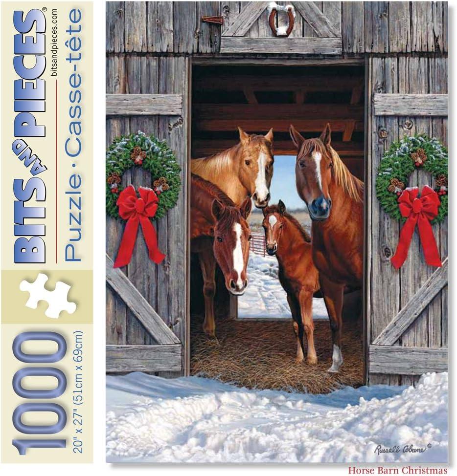 Bits and Pieces  1000 Piece Jigsaw Puzzle for Adults  Horse Barn Christmas - Winter Holiday Scene Jigsaw Puzzle by Artist Russell Cobane, Completed Puzzle Size: 20" x 27"