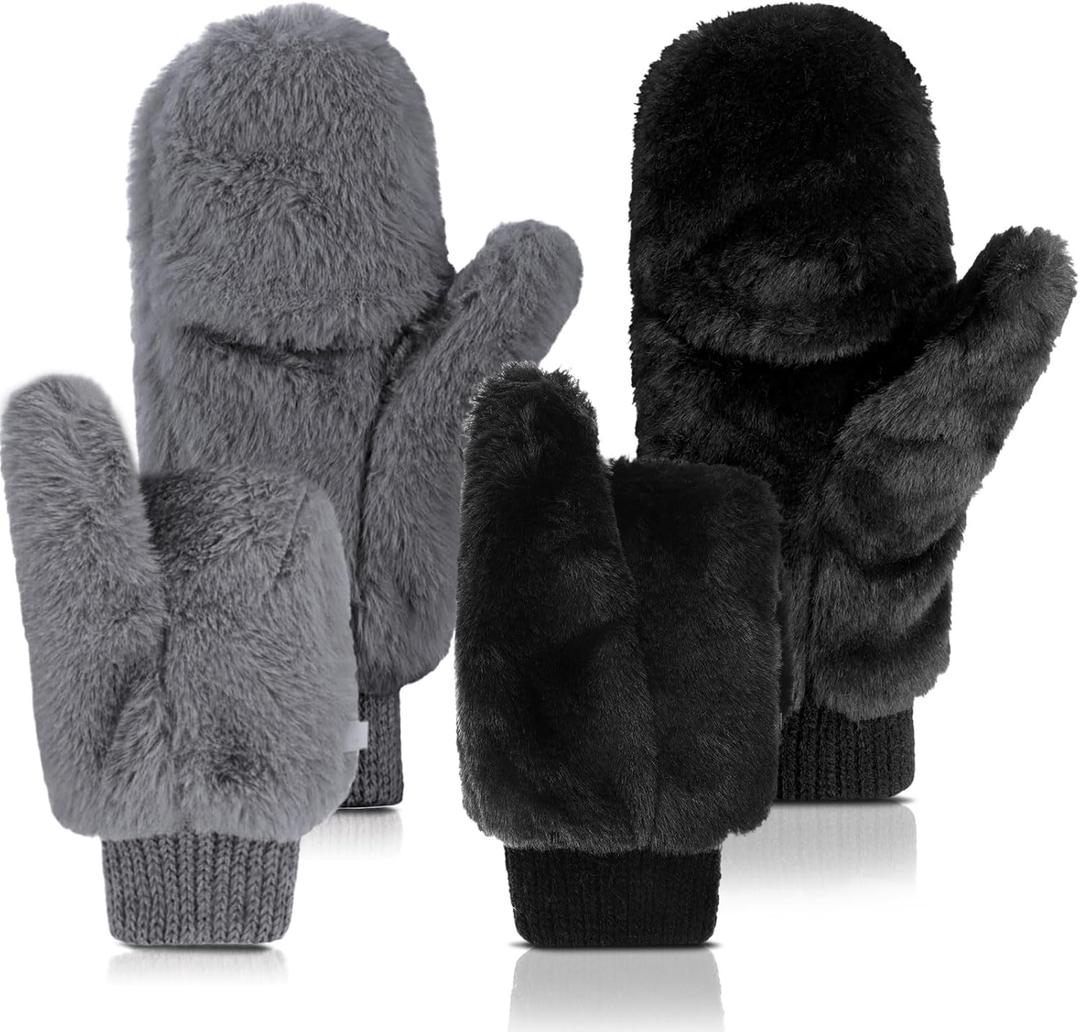 SATINIOR Faux Fur Mittens Fingerless Gloves Convertible Gloves Fluffy Winter Warm Soft Half Finger Fuzzy for Women (Black,Dark Gray)