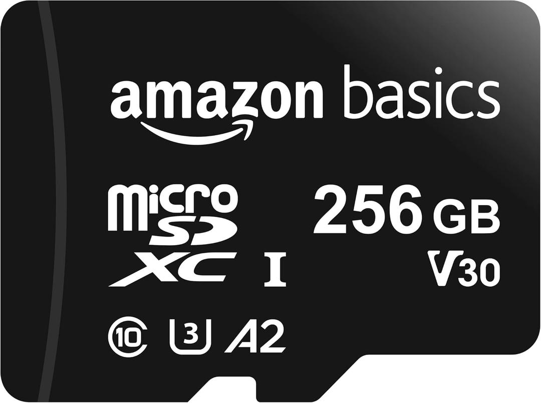 Amazon Basics microSDXC Memory Card with Full Size Adapter, A2, U3, Read Speed up to 100 MB/s, 256GB, Black