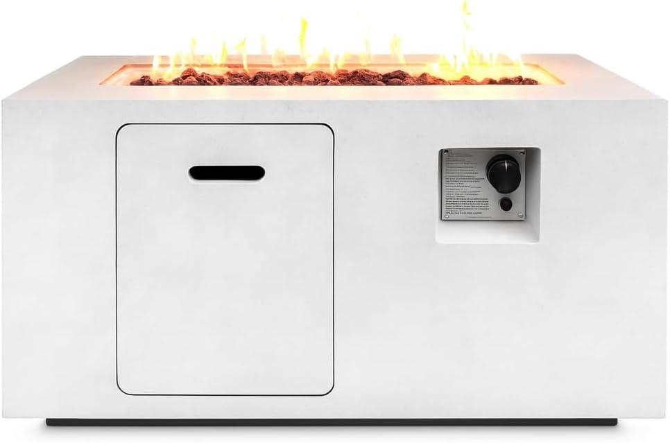 SereneLife Fire Pit Table 50,000 BTU Propane Gas Fire Pit with Adjustable Flame, Stainless Steel Burner, Weather-Resistant Build, Easy Propane Tank Access, and Elegant Lava Rocks for Patio or Backyard (20 inches, White)