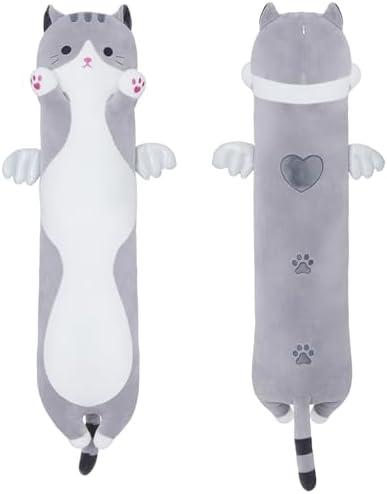 Yeqivo Soft Cat Plush Pillow, Grey Long Cat Stuffed Animals Soft Long Kitten Plushies Kawaii Cat Stuffed Plush Toy for Kids Girlfriend(50cm/19.6inch)