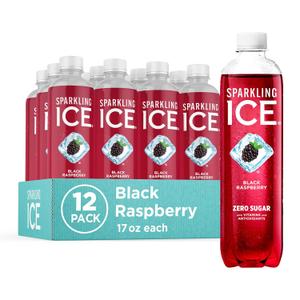 Sparkling Ice, Black Raspberry Sparkling Water, Zero Sugar Flavored Water, with Vitamins and Antioxidants, Low Calorie Beverage, 17 fl oz Bottles (Pack of 12) (EXP 10/03/26)