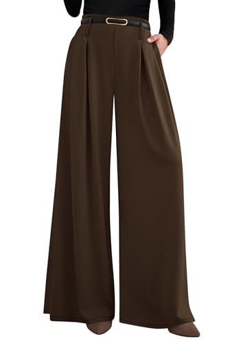 PRETTYGARDEN Womens Spring Trendy Wide Leg Trousers 2026 High Elastic Waisted Extra Long Flowy Loose Pleated Palazzo Work Pants (Brown,X-Large-Long)