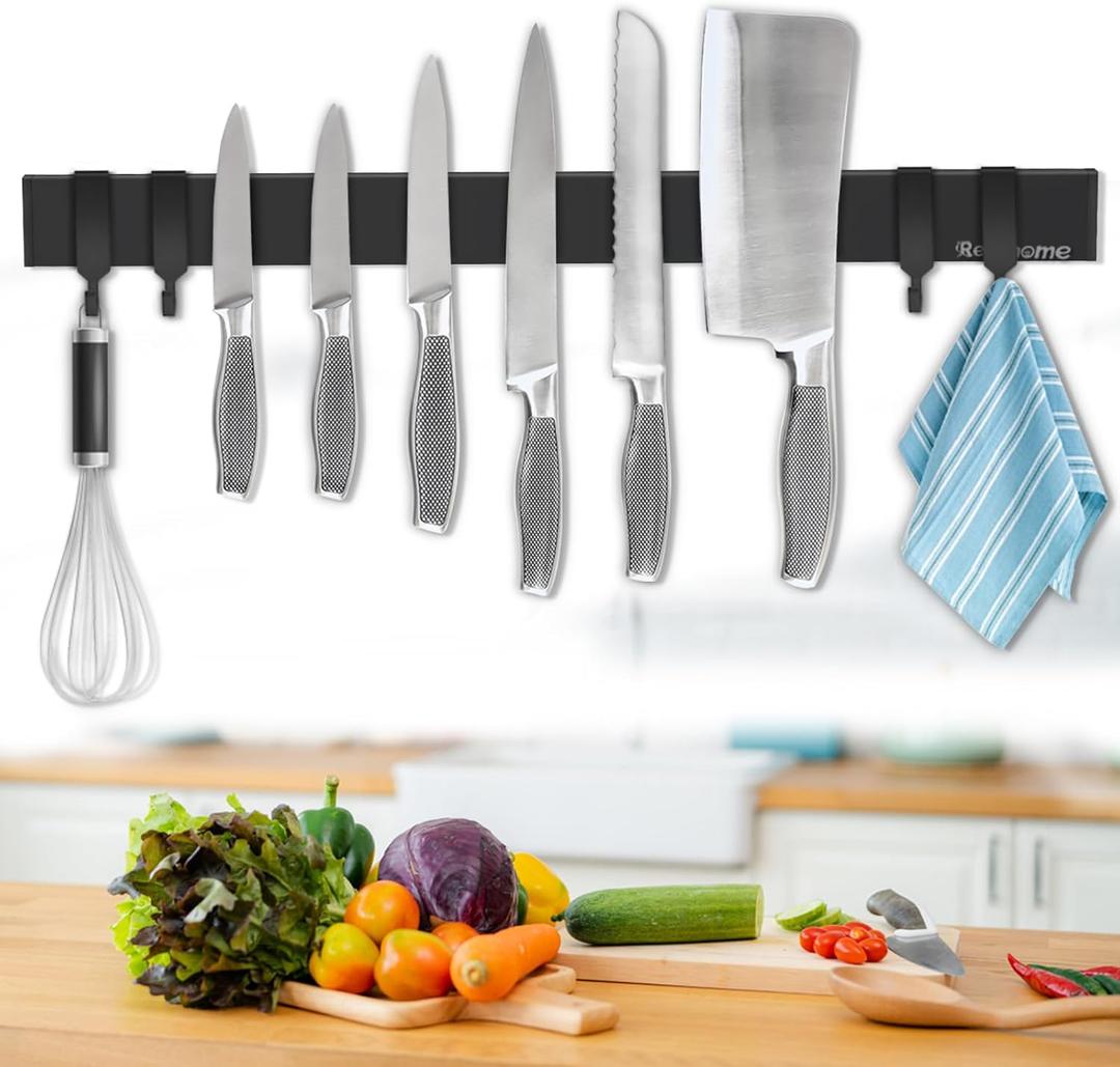 Magnetic Knife Holder for Wall 20 Inch, No Drilling black knife magnetic strip with 4 Hooks, Strong Magnet Knife Holder strip, Magnetic Knife Rack Bar for Kitchen Knives and Tools