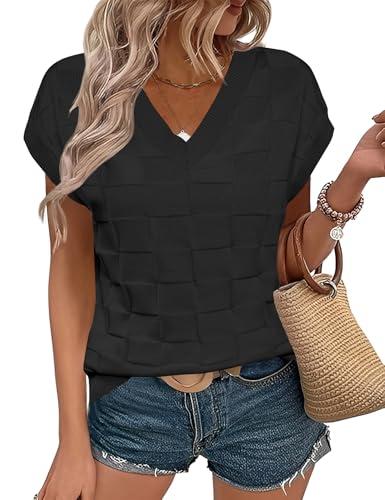 LOMON V Neck Sweaters for Women Trendy Cap Sleeve Tank Tops Dressy Casual Short Sleeve Blouses Loose Pullover Sweaters Summer 2025 Work Tops Black S