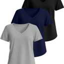 Evervibe 3 Pack Women's Plus Size T-Shirts, V Neck Short Sleeve Shirts Loose Fit Curved Hem Tees Casual Swing Tops (Black), XXL