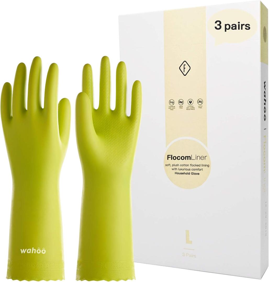 3 Pairs wahoo Skin-Friendly Cleaning Gloves, Dishwashing Kitchen Gloves with Cotton Flocked Liner, Reusable, Non-Slip, Bud Tender, Small