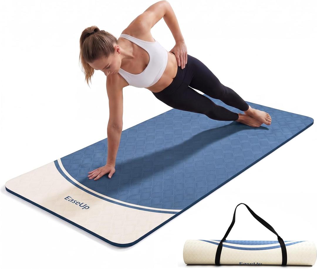 EaseUp 10mm Thick Yoga Mat, 73"×31.5" Extra Wide, Non-Slip with Strap