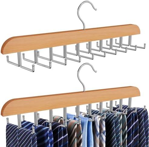 Cycleacc Tie Rack Hanger for Closet, 2 in 1 Belt Tie Hangers with 20 Folding Hooks, 360 Degree Rotating Wooden Tie Holder Organizer for Men Ties Belts Scarves Tank Tops Accessories, Wood (1 Pack)