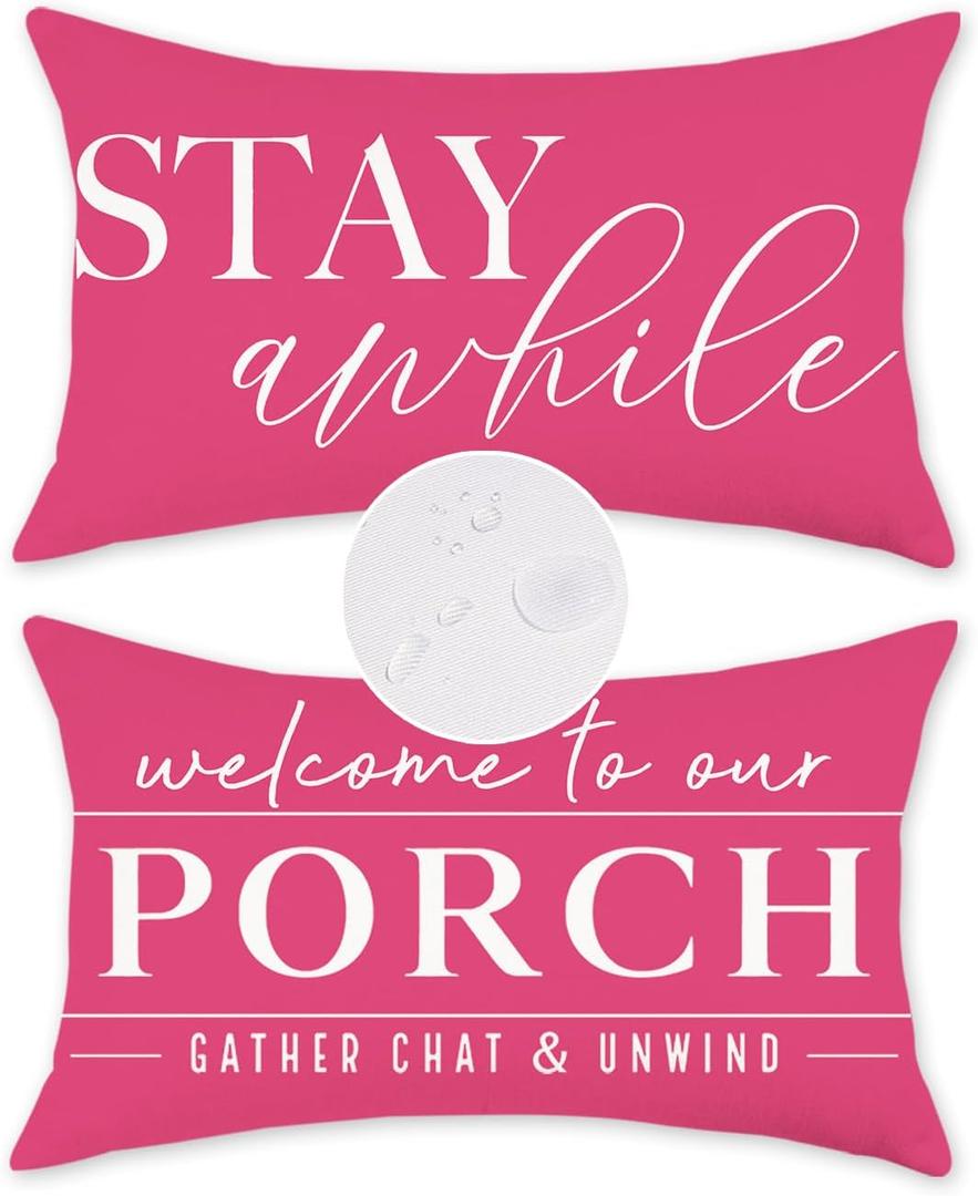 TAJWE Pink Outdoor Pillow Covers Waterproof 12x20 Set of 2 Decorative Welcome to Our Porch Stay Awhile Cushion Cases for Patio Furniture Sofa Couch Decor