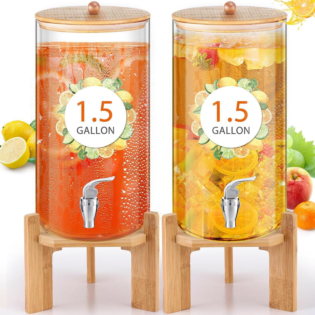 FillTouch 2 Pack 1.5 Gallon Glass Drink Dispensers for Parties, Beverage Dispensers with Stand, Spigot and Bamboo Lid Leakproof for Juice, Tea, Water, Lemonade and Party Drinks