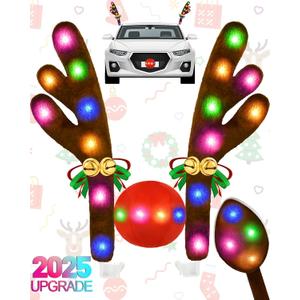 Christmas Reindeer Antlers Car Decoration Kit 2025, LED Lights Nose Vehicle with Jingle Bells Rudolph, Cute Costume Auto Holiday Accessories for SUV Van Truck Decor Multicolor