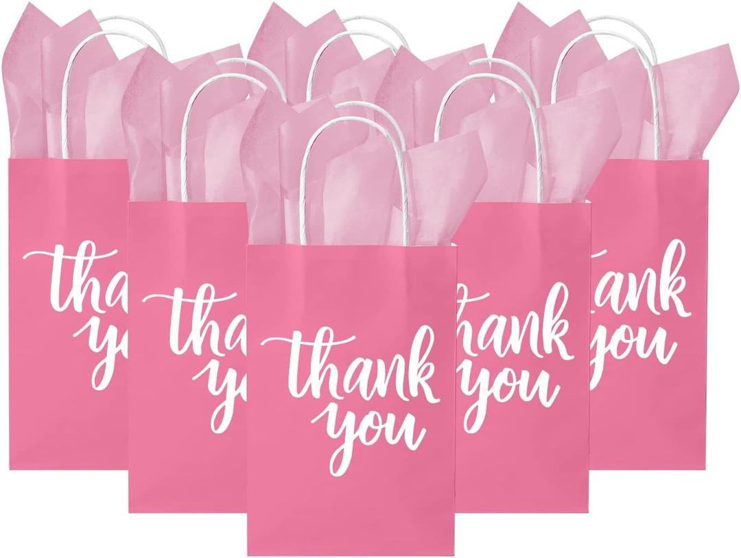 DjinnGlory 50 Pack Small Pink Thank You Paper Gift Bags with Handles 9''x5.5''x3.15'' and 50 Pink Tissue Paper for Party Favors Goodies and Small Business