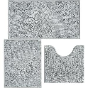 AINAHYVA Bathroom Rugs Chenille Bath mat 3 Piece Set, Super Absorbent, Strong PVC Non Slip Backing, Bath mats for Bathroom, Plush Shaggy, Thick, Machine Washable, Bathtub, Toilet, Light Grey