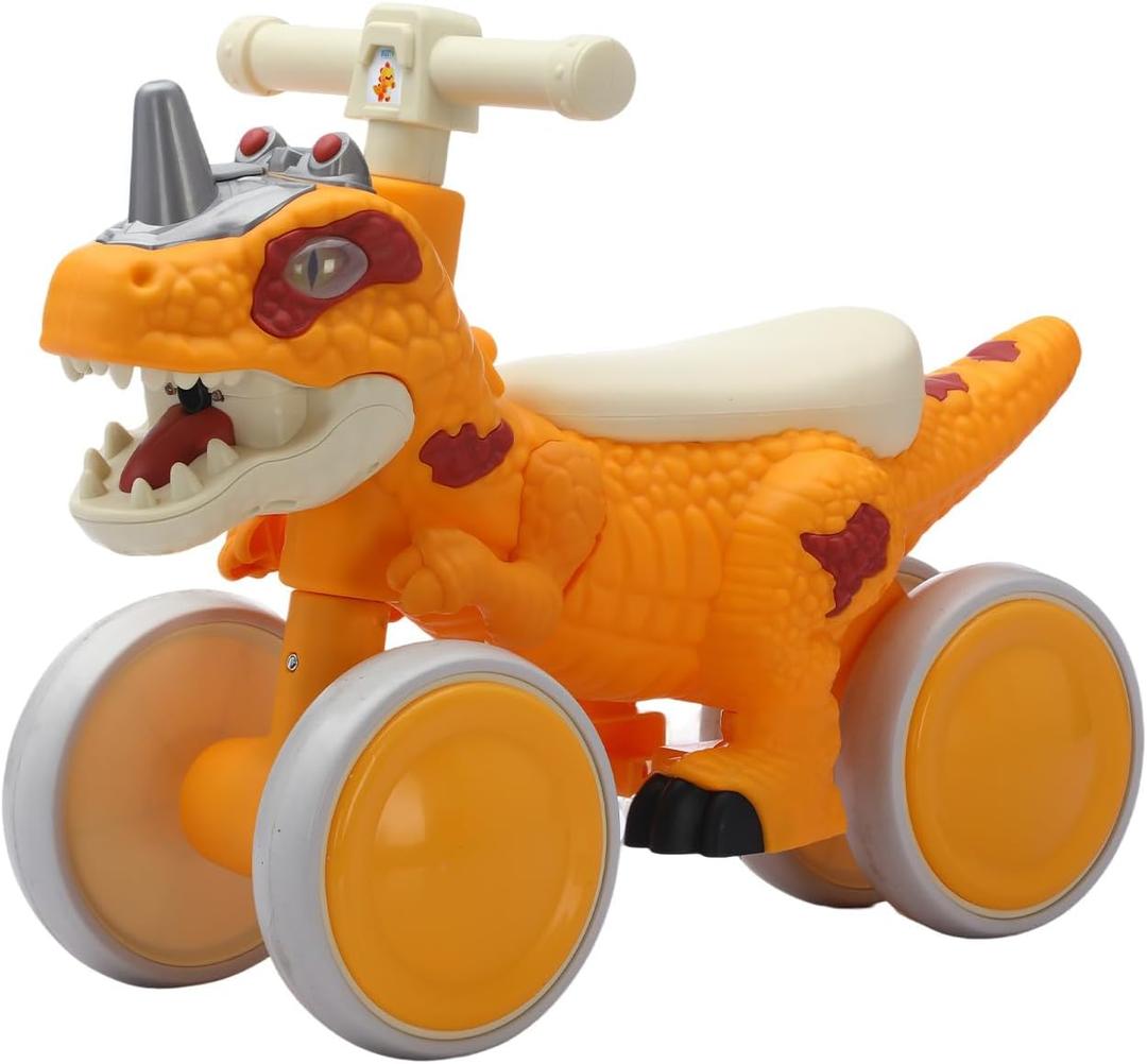 Dinosaur Balance Bike for 1-3 Year Olds, Toddler 4-Wheel No-Pedal Walker Scooter with Music & Mist Spray Effects, ASTM Certified First Birthday Gift for Boys & Girls (Yellow)