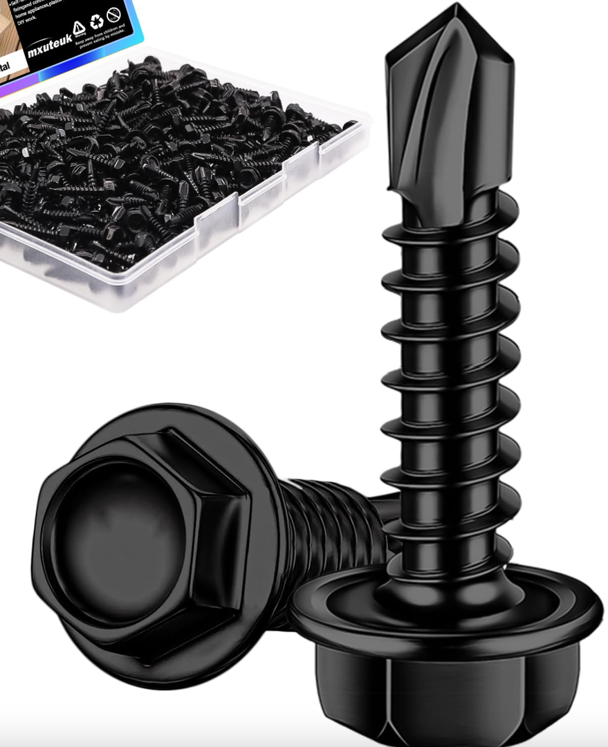 mxuteuk #83/4" Self Tapping Screws,410 Stainless Steel Self Tapping Screws for Metal,Self Drilling Screws,Hex Washer Head Screws Suitable for Wood, Metal or Tough Materials (180PCS) (Black)