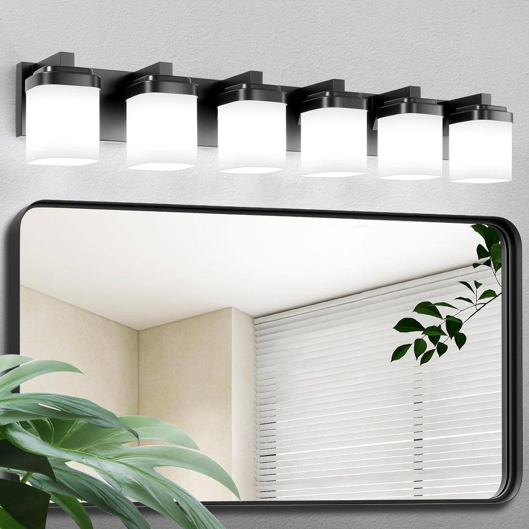 Guliaofo 6-Light Black Vanity Lights, 37.5 Inch Bathroom Light Fixtures with Milky White Square Glass Shade, Modern Vanity Light Over Mirror Wall Sconces - E26 Socket (Bulbs Not Included)