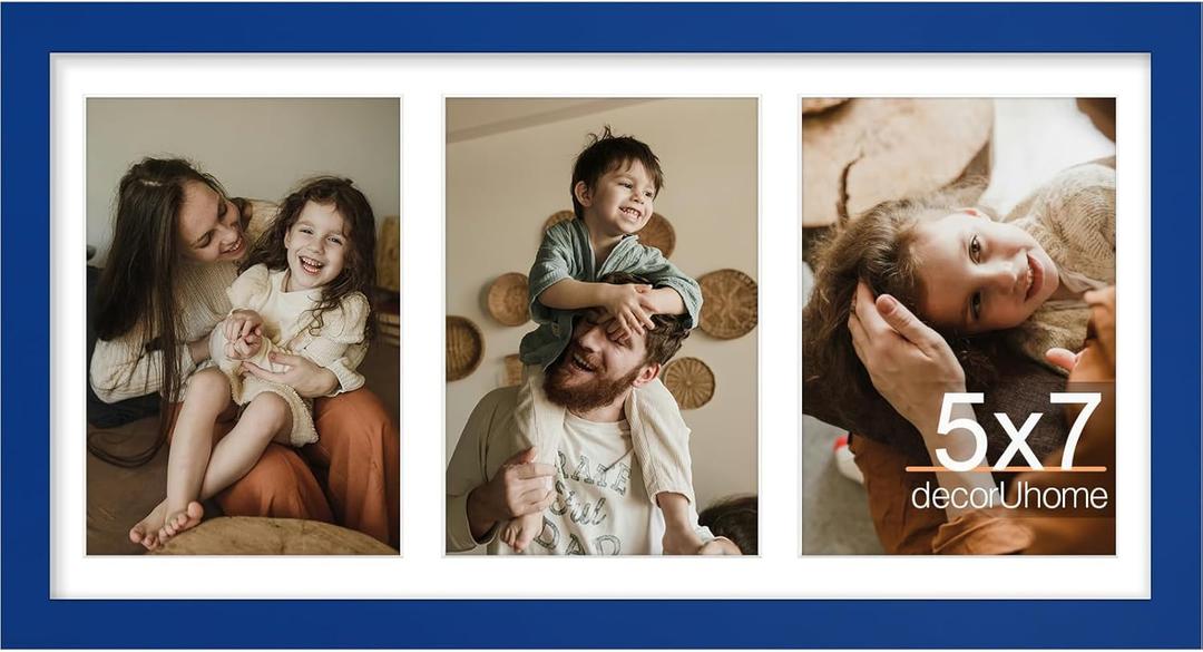 decorUhome 8x16 Picture Frames Collage Wall Decor, Display 3Pcs 5x7 Photos with Mat or 1Pcs 8x16 Unmatted, 3 5x7 Collage Picture Frames for Wall Mounting, Royal Blue