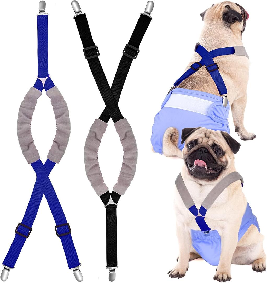 Saintrygo 2 Pcs Dog Suspenders for Diapers Female Male Belly Bands Canine Harness Keep Diaper on Your Pet for Small Medium and Large Dogs(Black, Blue,Medium)