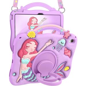 Boaretiu for iPad A16 Case/10th Generation Case - Girls Teens Cute Cartoon Purple Mermaids 10.9 Inch 2022 Tablet Cover with Strap & Rotating Stand Soft 3D Silicone Funda for iPad 11th 11 Inch 2025