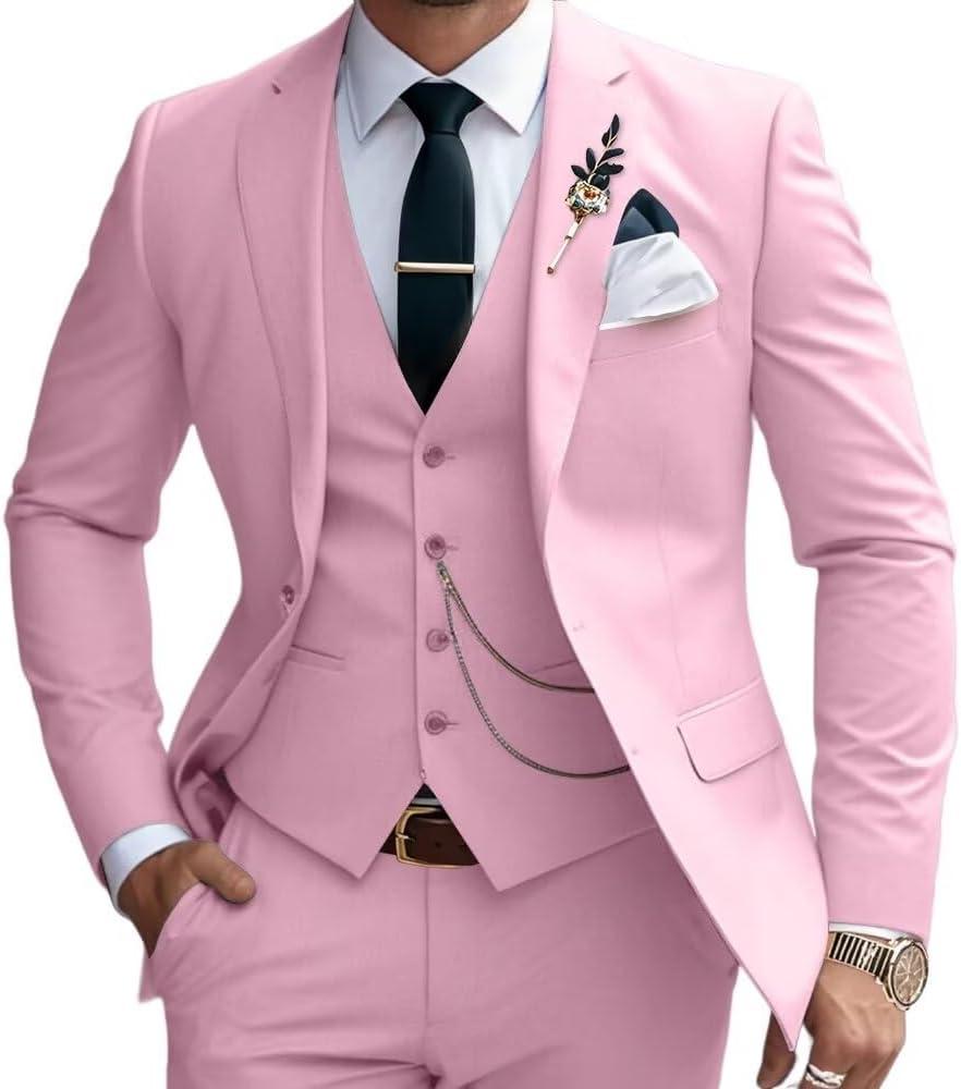 Mens Suits Slim Fit 3 Piece Business Wedding Tuxedo Jacket Vest Pants Suit Set (Small, Pink)