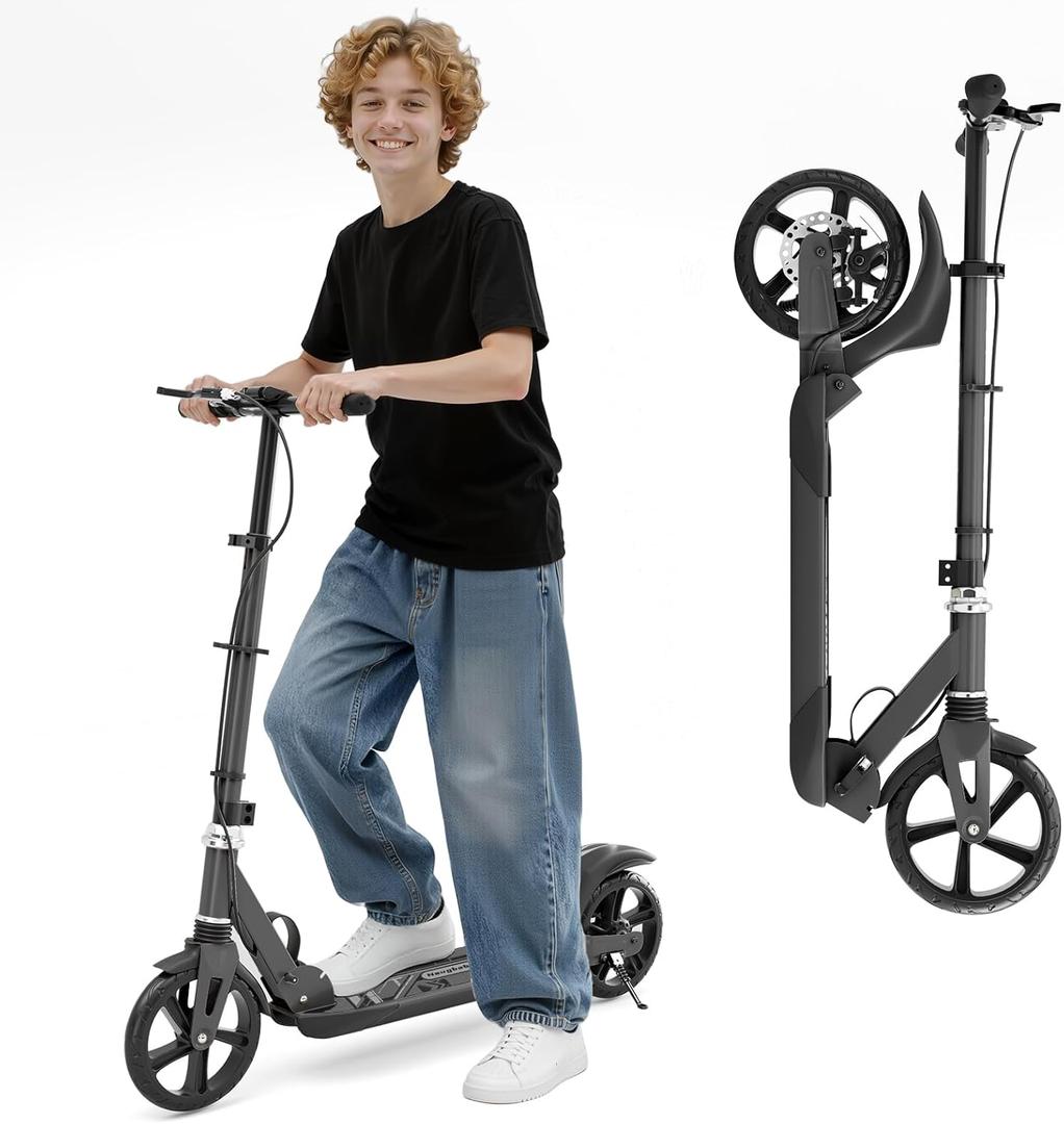 Kids & Teens Foldable Sports Scooter - Height Adjustable, 8-inch PU Wheels, Dual Brakes, Ages 6+, 240 lbs Max Load (Black)