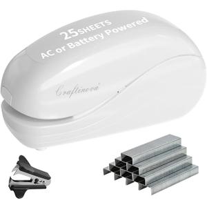 Electric Stapler,Including 2000 Staples and 1 Staple Remover, Suitable for Palm Size and high Comfort25 Sheet Capacity, AC Adapter or Battery PoweredBattery not Included(White)