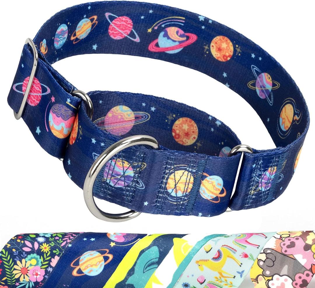 Thick Martingale Collar for Large Dogs - 1.5 Inch Blue Space Pattern No Pull Escape Proof Dog Collar, Adjustable Comfort Training Collar for Medium, Large & XL Dogs(Space L)