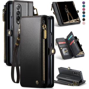 Defencase Wallet Case Compatible with Samsung Galaxy Z Fold 4 with RFID Blocking Card Holder & S Pen Holder Slot PU Leather Magnetic Snap Flip Zipper Strap Phone Case Fit for Galaxy Z Fold 4, Black