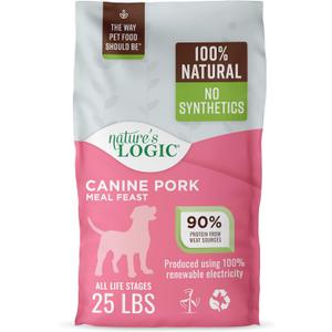 NATURE'S LOGIC Dry Dog Food - 100% Natural - No Synthetics - for All Ages, Sizes, Breeds - Free from Common Allergens, High Protein - Pork Meal Feast, 25lbs Best By: 12/24/2026