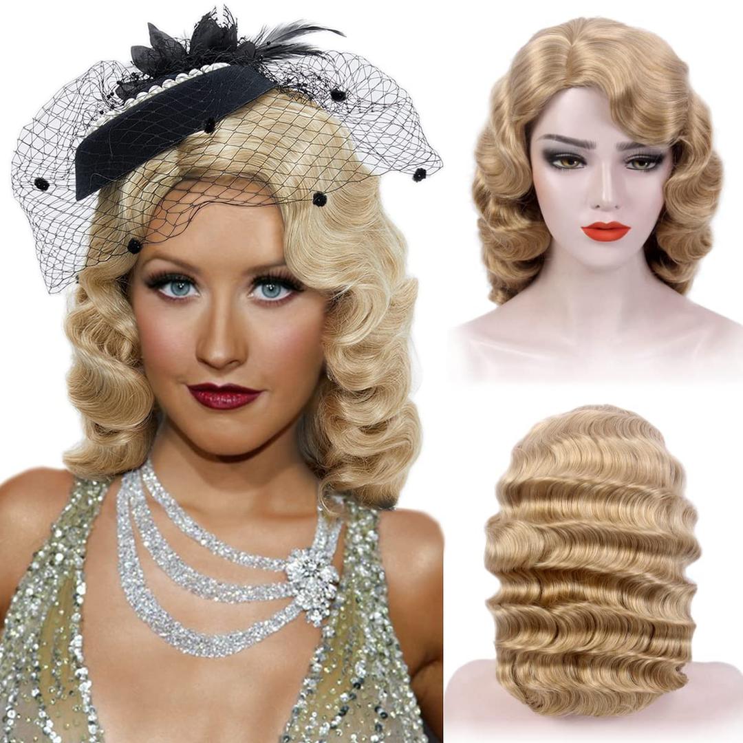 Long Blonde 1920s Wig for Women Gatsby roaring 20s Finger Wave Party Wigs Synthetic Full Vintage Wigs for Women's Lady Cosplay Costume Fancy Dress 1920 Flapper Wig