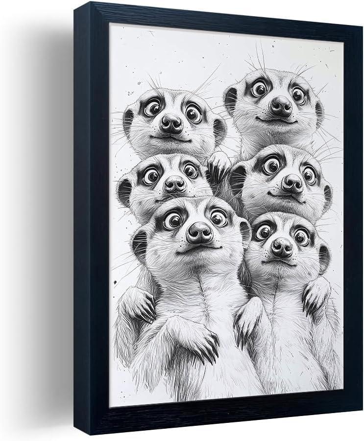 Orvannaatr Animal group portrait photo, black and white fun animal painting, modern fashionable decorative wall art, suitable for use in bathrooms, bedrooms, and entrance walls.